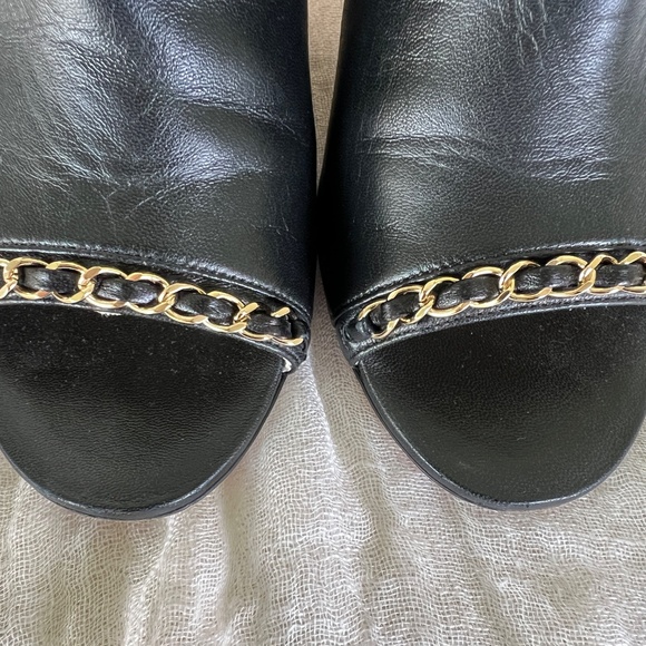 CHANEL Black Lambskin Peep-Toe Booties Chain Trim CC Heel Sz 39 Italy Chic - Picture 3 of 16
